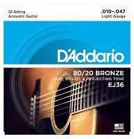 D'ADDARIO EJ36 BRONZE 12-STRING ACOUSTIC GUITAR STRINGS, LIGHT, 10-47