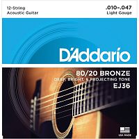 D'ADDARIO EJ36 BRONZE 12-STRING ACOUSTIC GUITAR STRINGS, LIGHT, 10-47